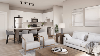 A modern living room with a dining area and a kitchen in the background.